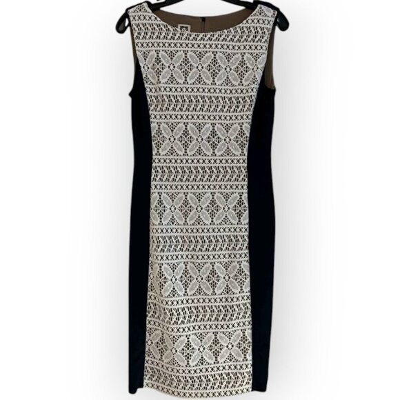 Anne Klein Black w/ White Crocheted Lace Sleeveless Sheath Dress 14 - Picture 4 of 7